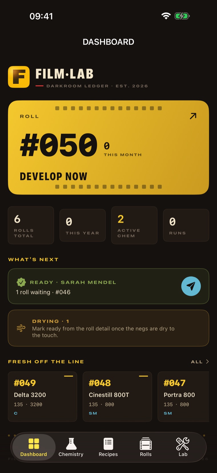 Film Lab dashboard showing the next roll number and develop-now card