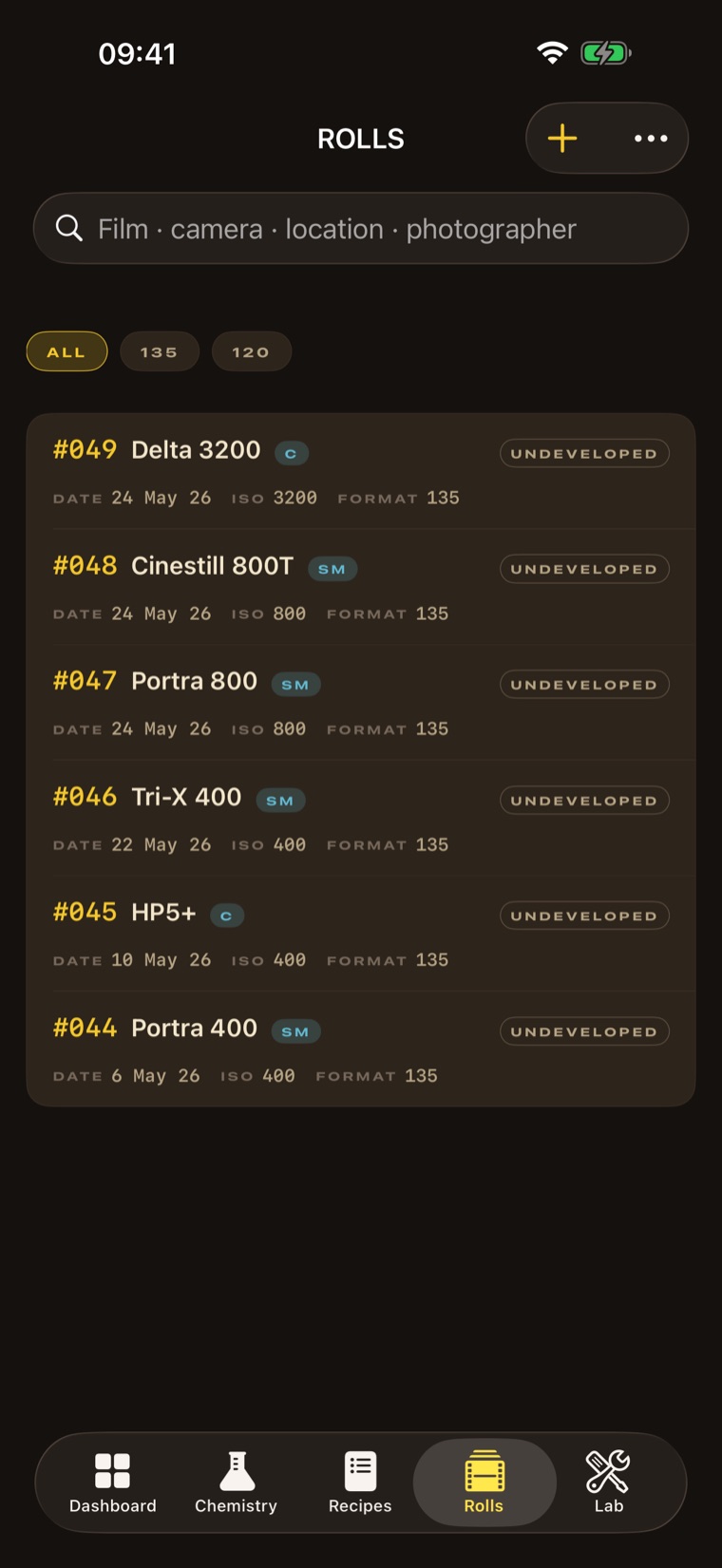 Film Lab rolls list