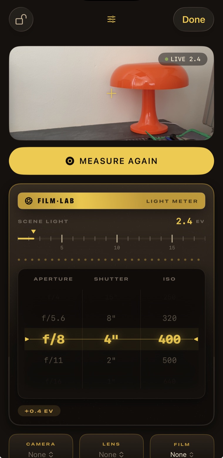 Film Lab light meter reading EV 2.4, drums set to f/8 at 4 seconds, ISO 400
