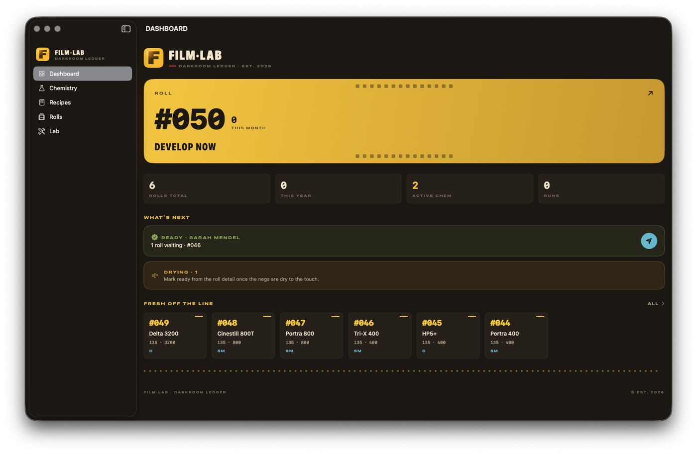 Film Lab on macOS — dashboard with the next roll number and develop-now card